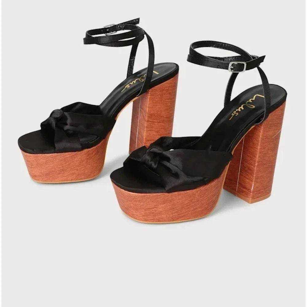 Lulus Black Satin Bow Platform Heels Chunky Block Square Toe Sandals Size 7.5